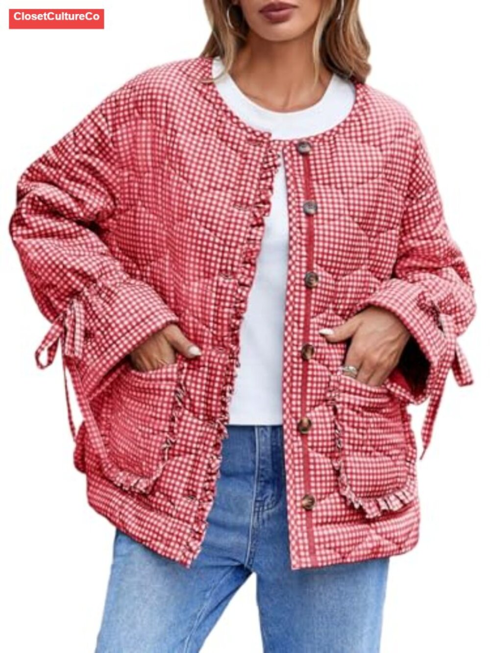 Quilted Puffer Jacket Lightweight Plaid Button Down Bow Padded Coat